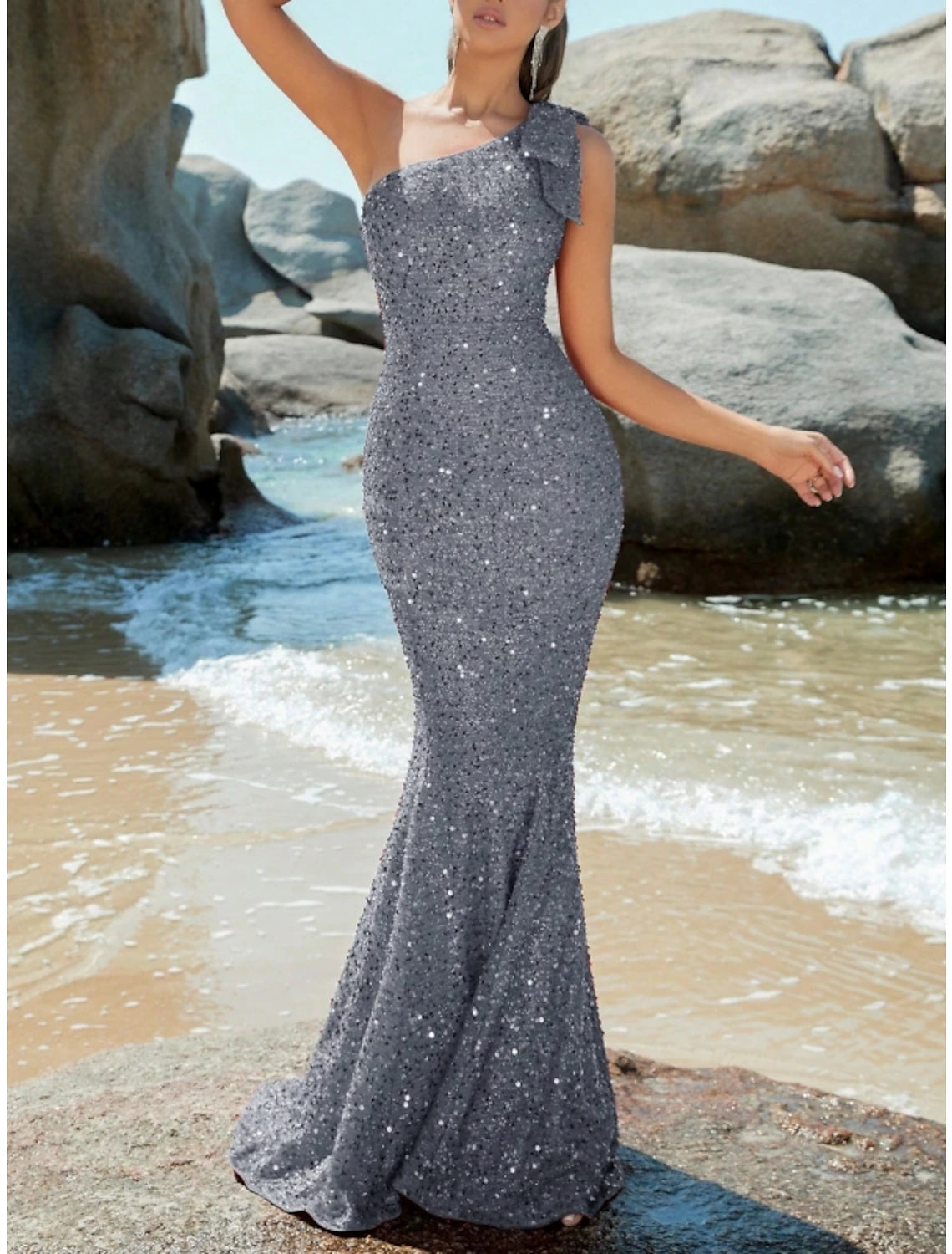 Weitese Mermaid / Trumpet Evening Gown Sparkle & Shine Dress Formal Wedding Guest Sweep / Brush Train Sleeveless One Shoulder Sequined with Glitter Shouder Flower