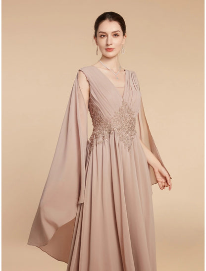 Weitese A-Line Mother of the Bride Dress Wedding Guest Elegant V Neck Ankle Length Chiffon Lace Sleeveless with Ruching Solid Color