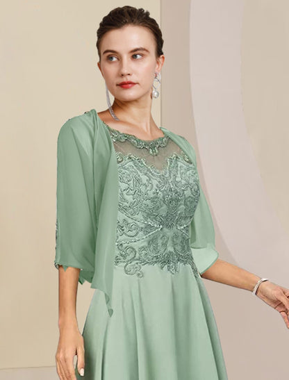 Weitese  Two Piece A-Line Mother of the Bride Dress Formal Wedding Guest Elegant High Low Scoop Neck Asymmetrical Tea Length Chiffon Lace Half Sleeve Wrap Included with Beading Appliques