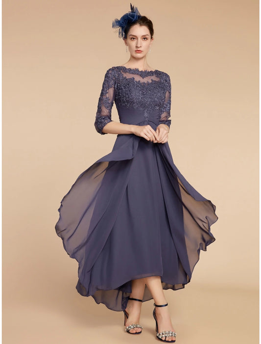 Weitese A-Line Mother of the Bride Dress Wedding Guest Elegant Scoop Neck Ankle Length Chiffon Lace 3/4 Length Sleeve with Ruching Solid Color