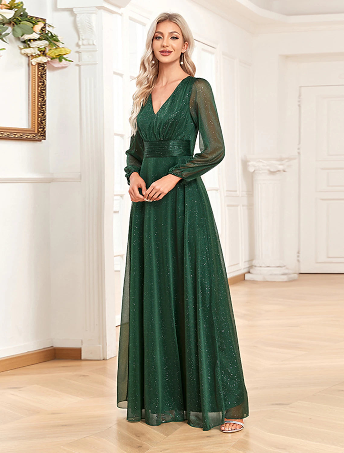 Weitese A-Line Evening Gown Sparkle & Shine Dress Formal Wedding Party Dress Floor Length Long Sleeve V Neck Chiffon with Sequin