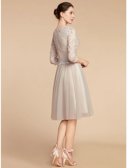 Weitese A-Line Mother of the Bride Dress Wedding Guest Elegant Petite Jewel Neck Knee Length Lace Tulle Half Sleeve with Pleats Solid Color