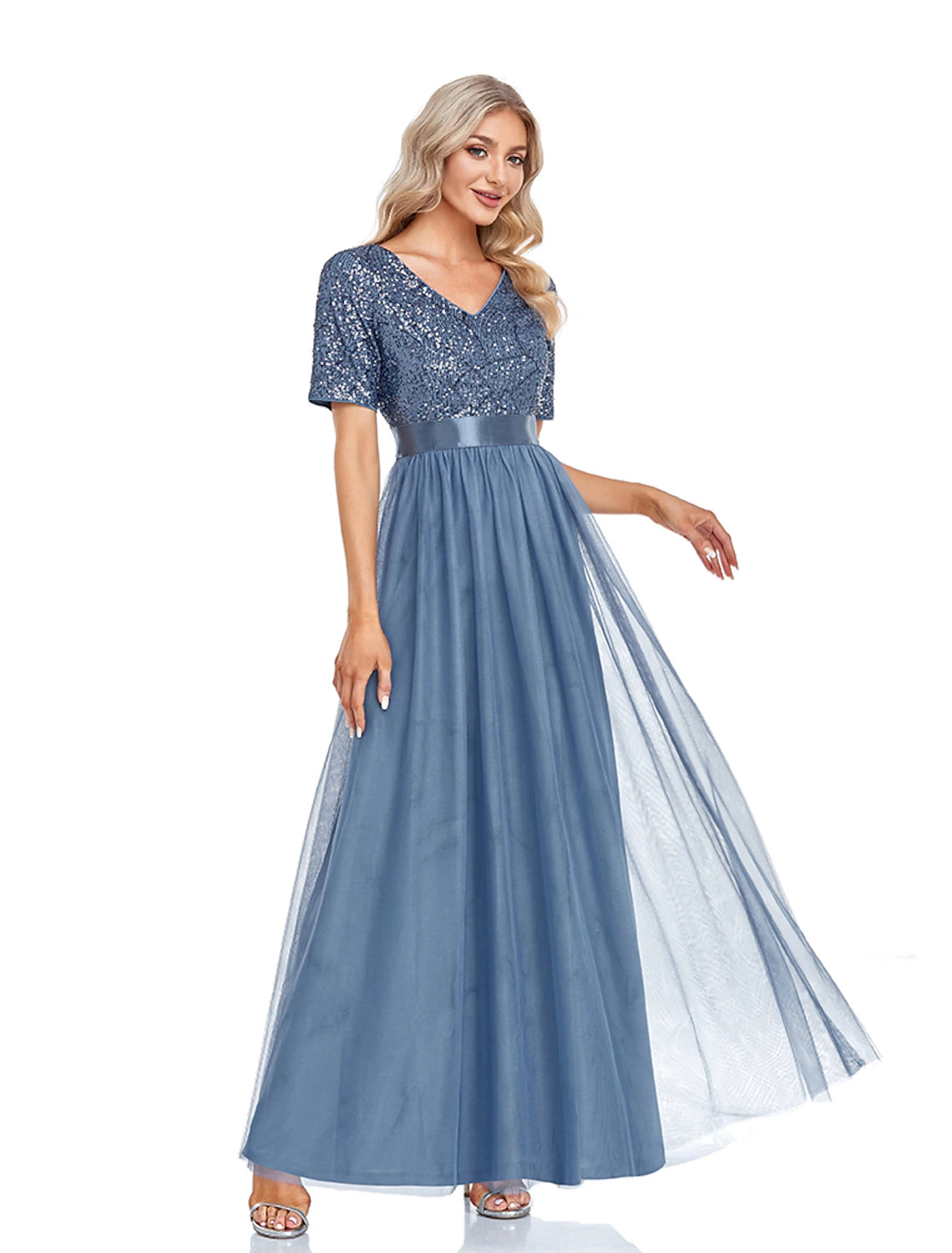 Weitese A-Line Evening Gown Sparkle & Shine Dress Wedding Guest Prom Floor Length Short Sleeve V Neck Bridesmaid Dress Tulle with Sequin Splicing