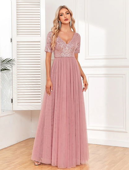 Weitese Women's Sequin Dress Party Dress Cocktail Dress Long Dress Maxi Dress Pink Short Sleeve Pure Color Zipper Summer Spring Fall V Neck Formal Evening Party