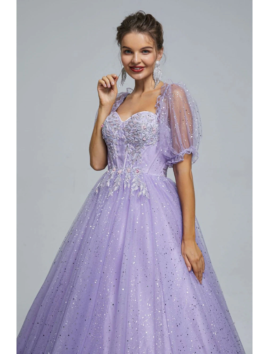 Weitese Ball Gown Prom Dresses Princess Dress Graduation Quinceanera Floor Length Short Sleeve Sweetheart Tulle with Sequin Appliques