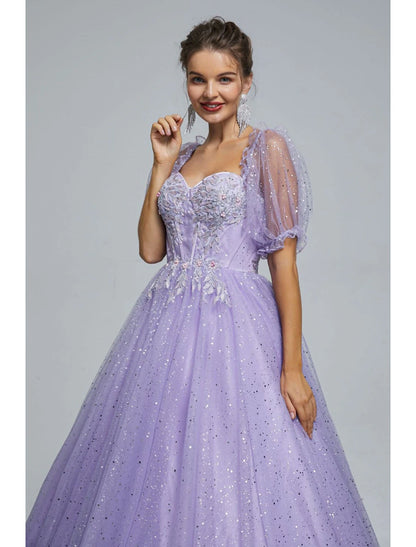 Weitese Ball Gown Prom Dresses Princess Dress Graduation Quinceanera Floor Length Short Sleeve Sweetheart Tulle with Sequin Appliques