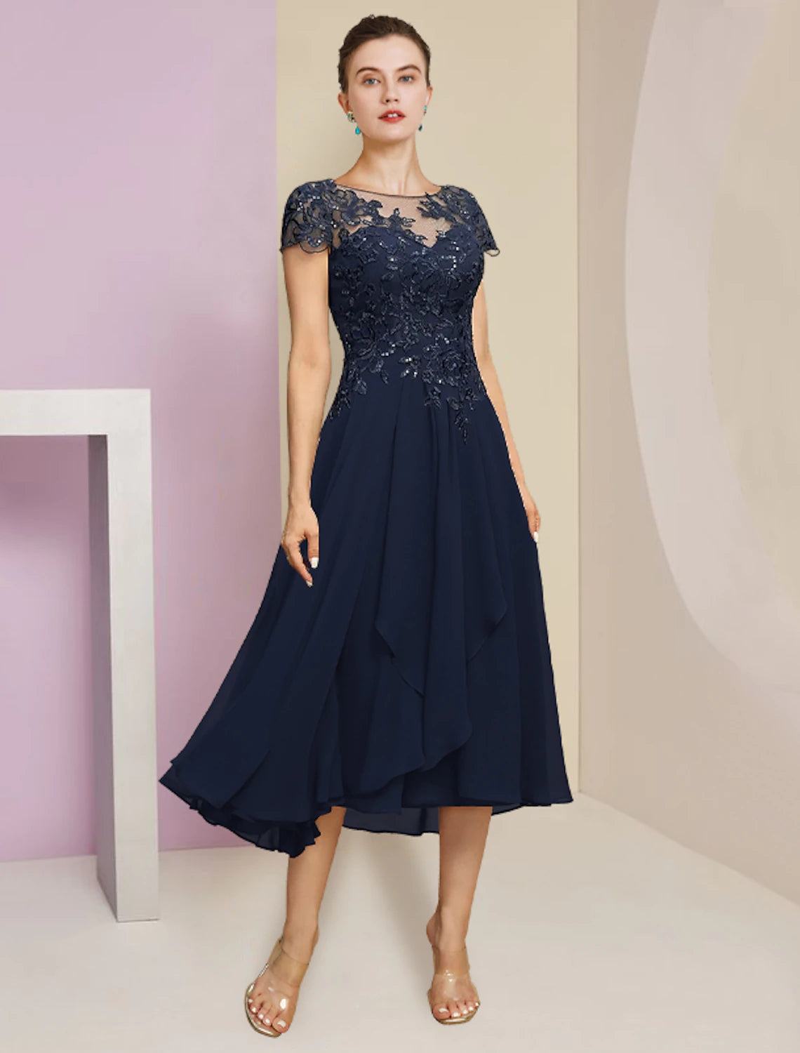 Weitese Two Piece A-Line Mother of the Bride Dress Formal Wedding Guest Elegant Scoop Neck Tea Length Chiffon Lace Short Sleeve Fall Wrap Included with Pleats Sequin Appliques