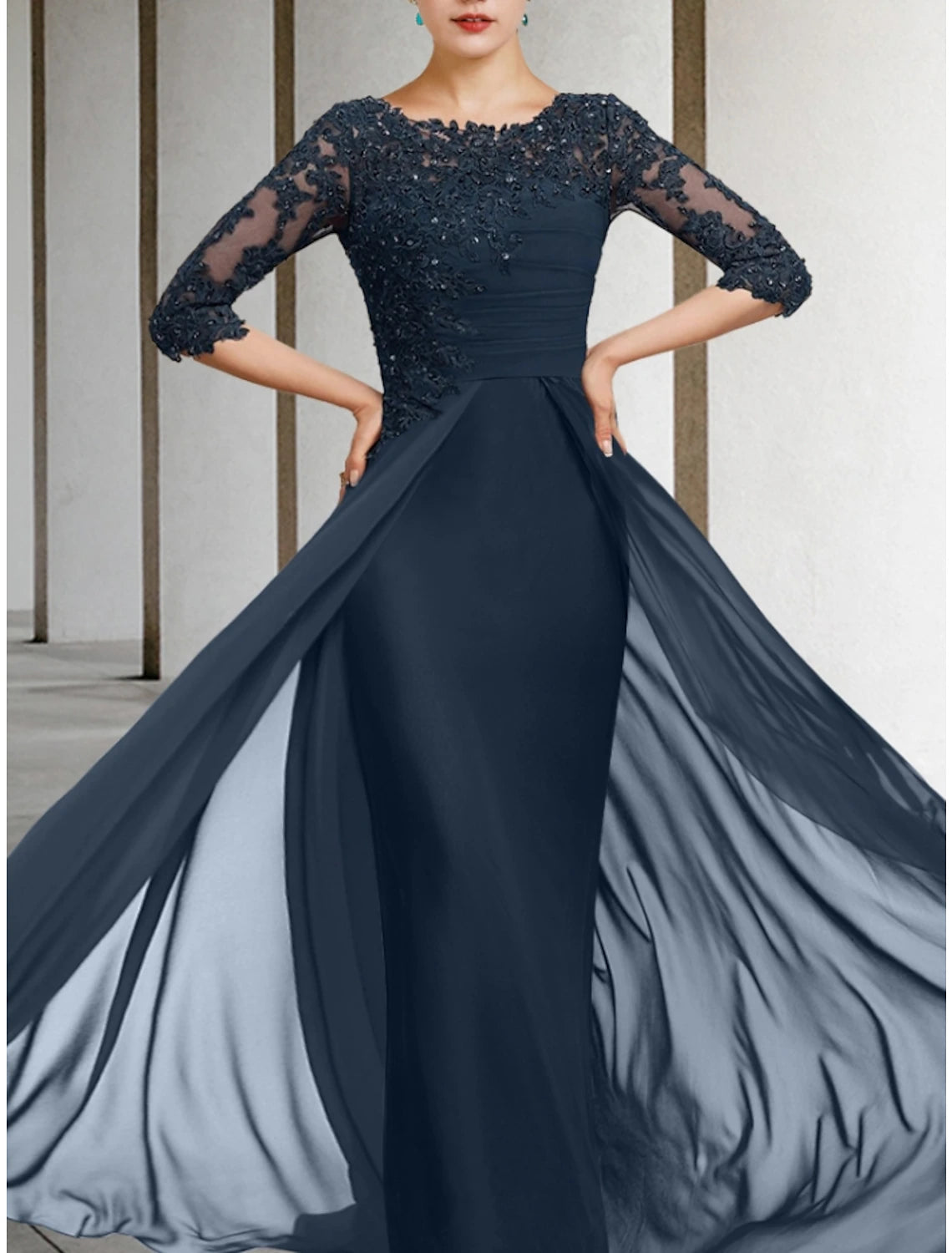 Weitese Sheath / Column Mother of the Bride Dress Wedding Guest Elegant Jewel Neck Floor Length Chiffon Lace Half Sleeve with Sequin Ruching Solid Color