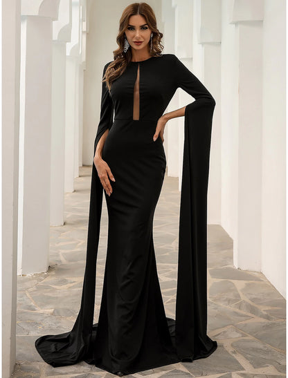 Weitese Black Mermaid / Trumpet Evening Gown Elegant Dress Formal Fall Court Train Long Sleeve Jewel Neck Stretch Fabric with Pleats