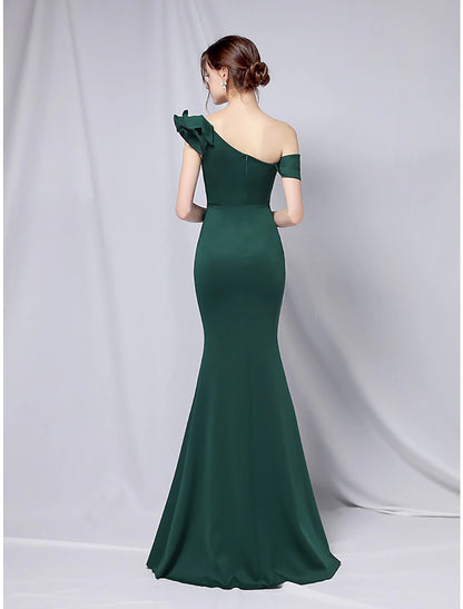 Weitese Mermaid / Trumpet Evening Gown Empire Dress Wedding Guest Formal Evening Floor Length Short Sleeve One Shoulder Stretch Satin with Ruffles