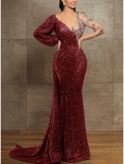 Sequin Mermaid / Trumpet Evening Gown Champagne Gold Elegant Dress Formal Red Green Dress Court Train Long Sleeve Illusion Neck Sequined