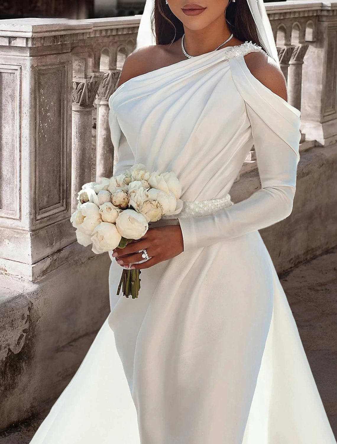 Formal Wedding Dresses Two Piece One Shoulder Long Sleeve Floor Length Satin Bridal Gowns