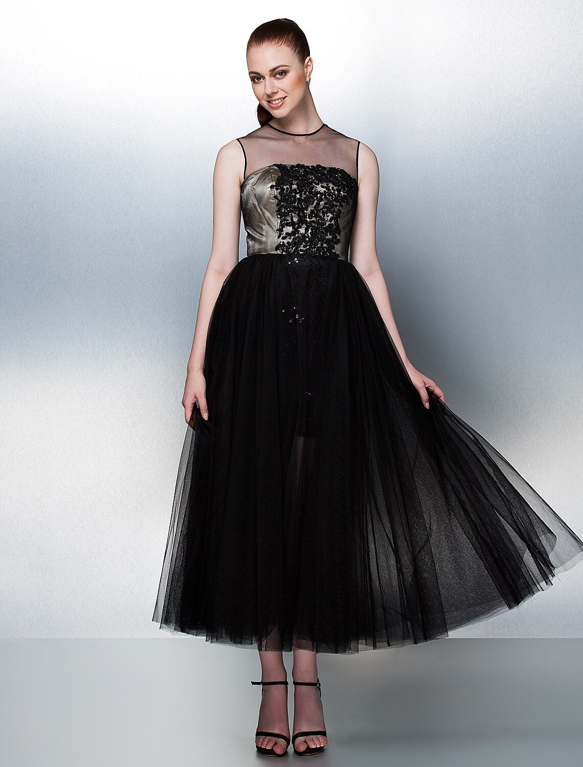 Weitese Ball Gown Illusion Neck Tea Length Tulle Celebrity Style Prom / Formal Evening Dress with Beading / Sequin / Appliques