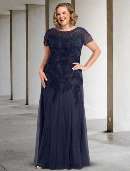 Weitese A-Line Mother of the Bride Dress Plus Size Elegant Jewel Neck Floor Length Lace Tulle Short Sleeve with Pleats Appliques