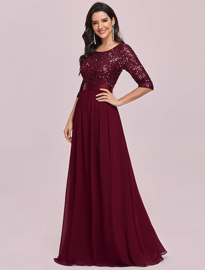 Weitese A-Line Mother of the Bride Dress Wedding Guest Plus Size Elegant Jewel Neck Floor Length Tulle Sequined 3/4 Length Sleeve with Sequin Fall