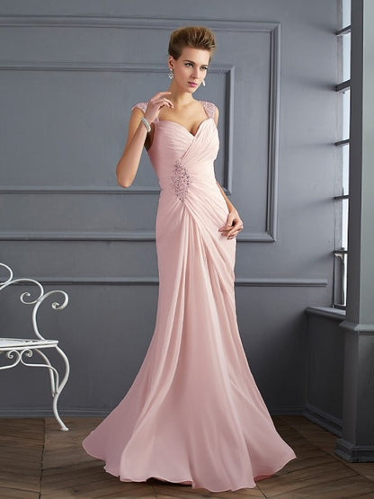 Weitese Sheath/Column Straps Sleeveless Beading Long Chiffon Dresses