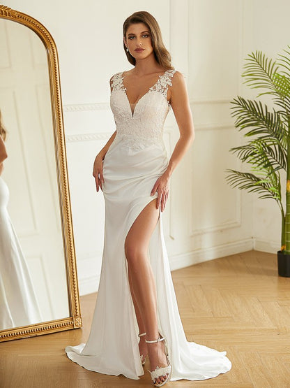 Weitese Sheath/Column Charmeuse Lace V-neck Sleeveless Sweep/Brush Train Wedding Dresses