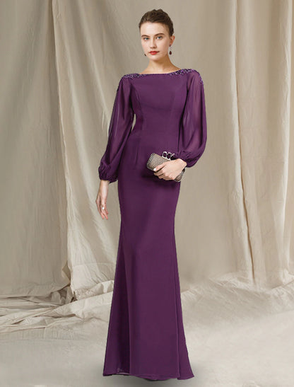 Weitese Sheath / Column Mother of the Bride Dress Elegant Jewel Neck Floor Length Chiffon Long Sleeve with Beading