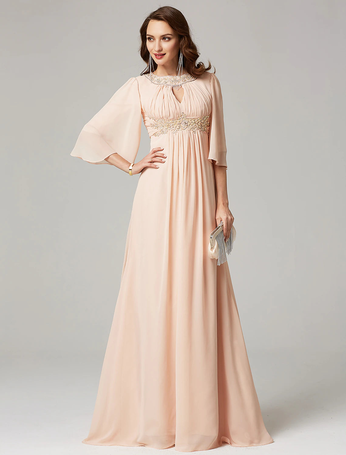 Weitese A-Line Mother of the Bride Dress Luxurious Elegant Jewel Neck Sweep / Brush Train Chiffon Half Sleeve with Pleats Beading