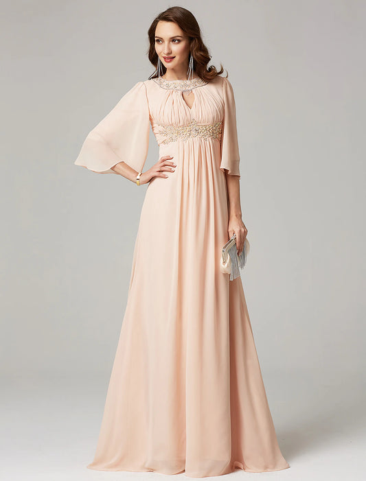 Weitese A-Line Mother of the Bride Dress Luxurious Elegant Jewel Neck Sweep / Brush Train Chiffon Half Sleeve with Pleats Beading