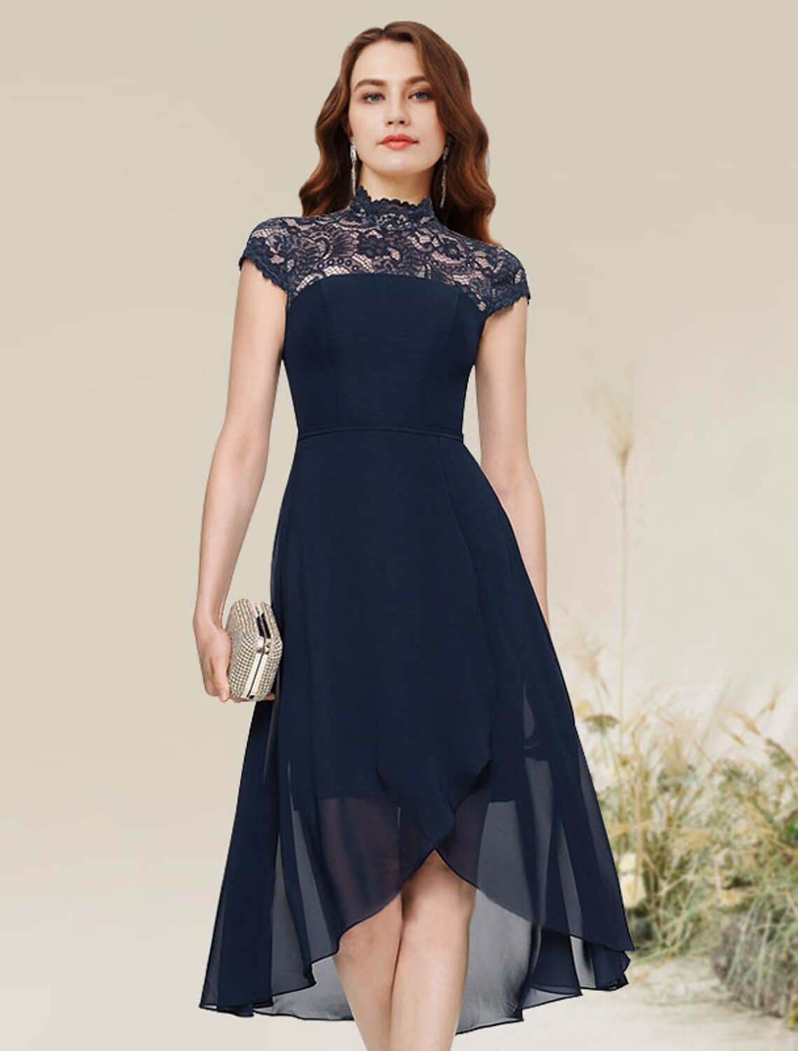 Weitese A-Line Cocktail Dresses Flirty Dress Homecoming Wedding Guest Asymmetrical Sleeveless Jewel Neck Chiffon with Lace Insert