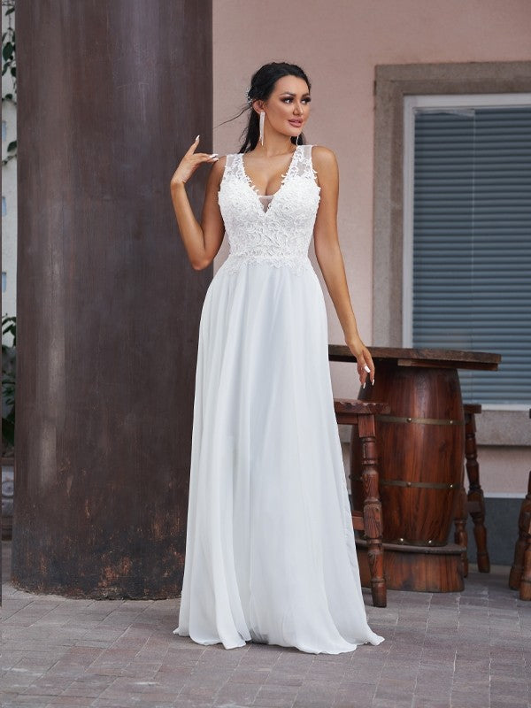 Weitese A-Line/Princess Chiffon Lace V-neck Sleeveless Floor-Length Wedding Dresses