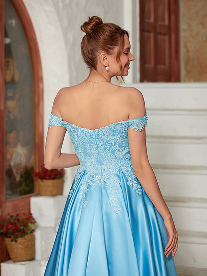 Weitese A-Line/Princess Satin Lace Off-the-Shoulder Sleeveless Floor-Length Dresses