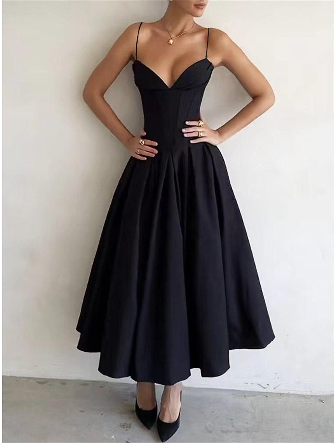 Weitese Women's Black Dress Prom Dress Party Dress Long Dress Maxi Dress Black Sleeveless Plain Ruched Summer Spring Fall Spaghetti Strap Elegant Wedding Guest Birthday Evening Party