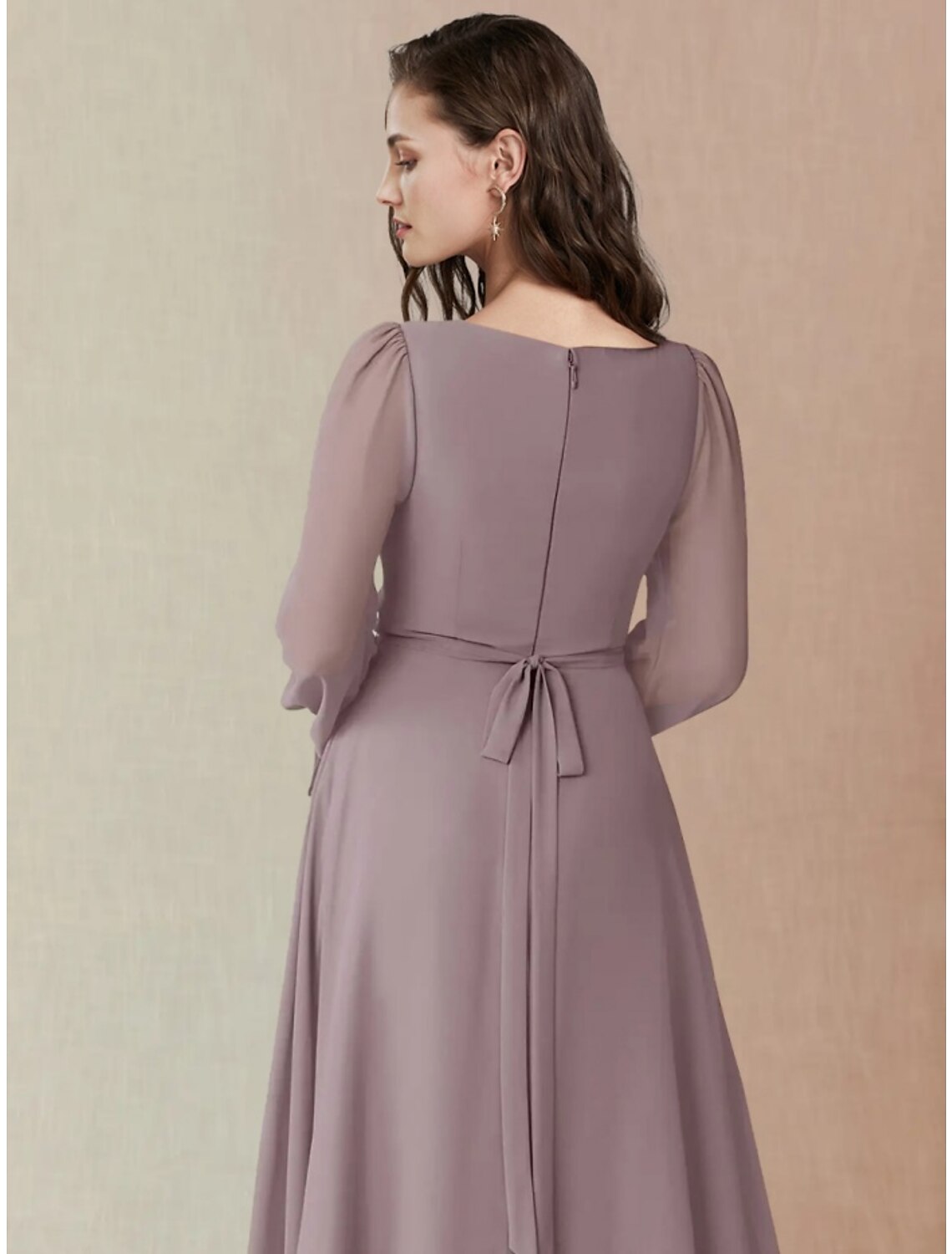 Weitese A-Line Bridesmaid Dress Square Neck Long Sleeve Elegant Floor Length Chiffon with Split Front / Ruching