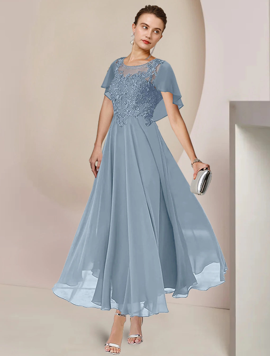 Weitese A-Line Mother of the Bride Dress Elegant Scoop Neck Tea Length Chiffon Lace Sleeveless with Beading Appliques