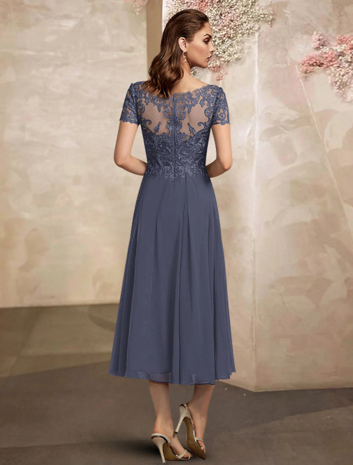 Weitese A-Line Mother of the Bride Dress Plus Size Elegant V Neck Tea Length Chiffon Lace Short Sleeve with Pleats Appliques