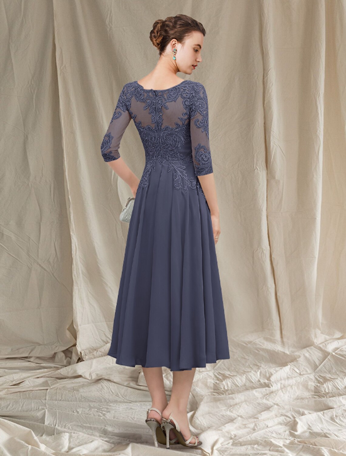 Weitese A-Line Mother of the Bride Dress Elegant Jewel Neck Tea Length Chiffon Lace Half Sleeve with Pleats Appliques