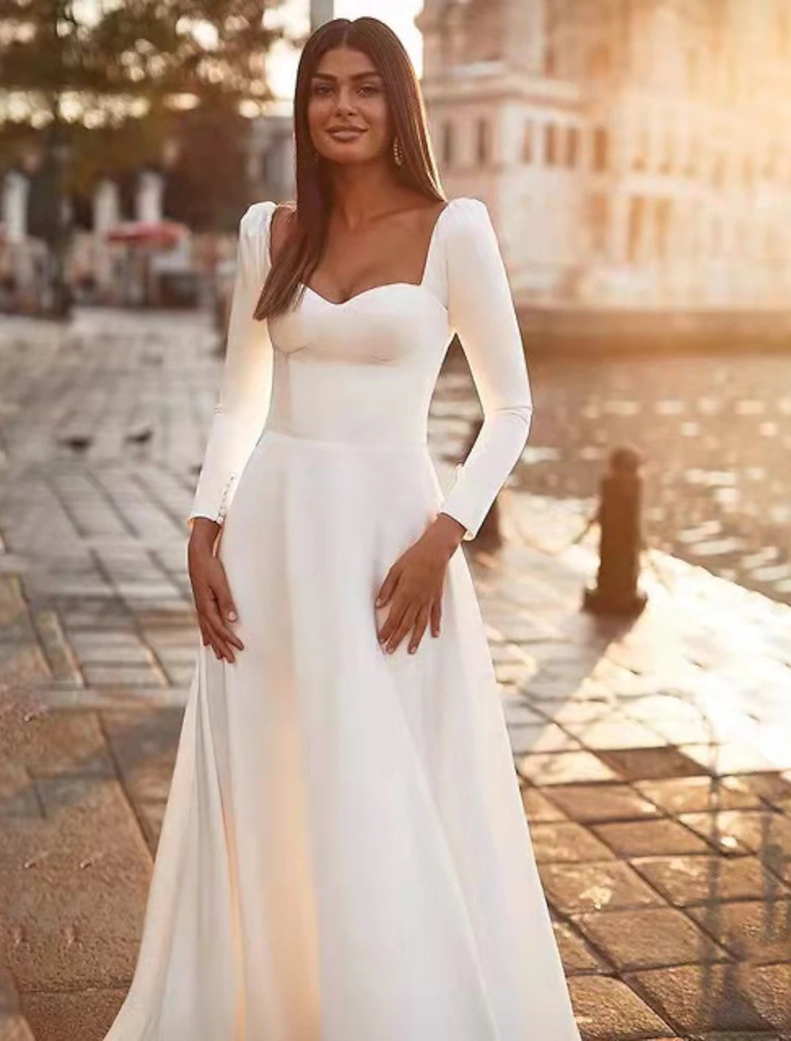 Weitese Reception Royal Style Casual Wedding Dresses A-Line Sweetheart Long Sleeve Sweep / Brush Train Satin Bridal Gowns With Solid Color