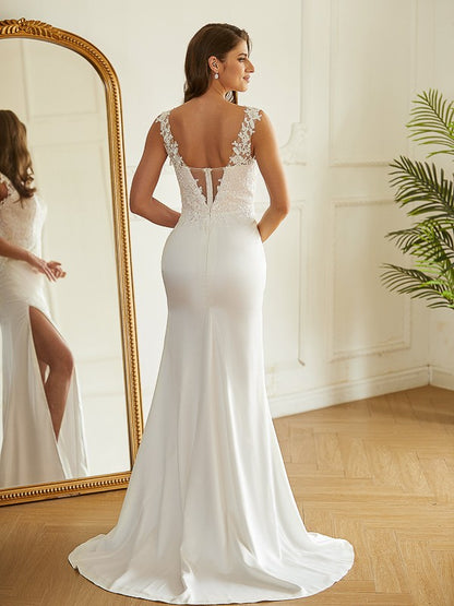 Weitese Sheath/Column Charmeuse Lace V-neck Sleeveless Sweep/Brush Train Wedding Dresses