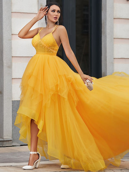 Weitese A-Line/Princess Tulle Ruffles V-neck Sleeveless Asymmetrical Dresses