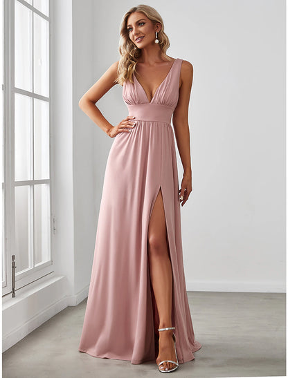 Weitese A-Line Prom Party Dress High Split Dress Wedding Guest Formal Evening Floor Length Sleeveless V Neck Bridesmaid Dress Chiffon V Back with Slit Pure Color