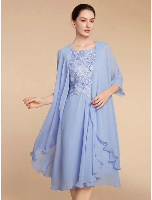 Weitese Two Piece Sheath / Column Mother of the Bride Dress Wedding Guest Elegant Petite Scoop Neck Knee Length Chiffon Lace Half Sleeve with Ruching Solid Color