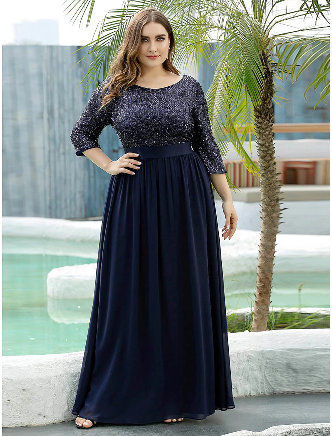 Weitese A-Line Mother of the Bride Dress Wedding Guest Plus Size Elegant Jewel Neck Floor Length Tulle Sequined 3/4 Length Sleeve with Sequin Fall