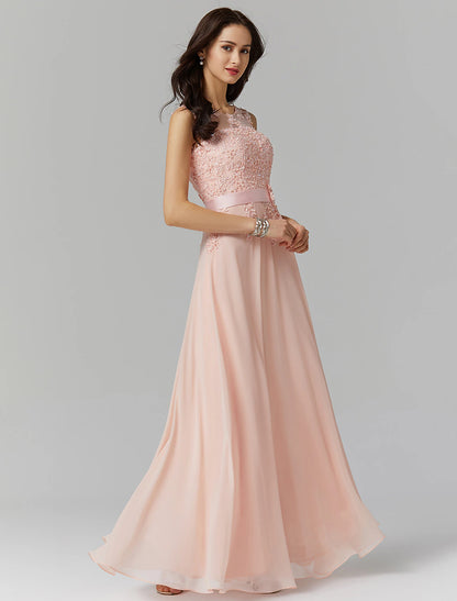 Weitese A-Line Evening Gown High Waisted Prom Dress Bridesmaid Wedding Guest Chiffon Floor Length Sleeveless Illusion Neck Georgette with Appliques