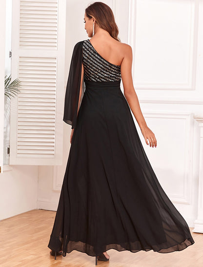 Weitese A-Line Evening Gown Elegant Dress Evening Party Party Wear Floor Length Long Sleeve One Shoulder Chiffon with Glitter Slit