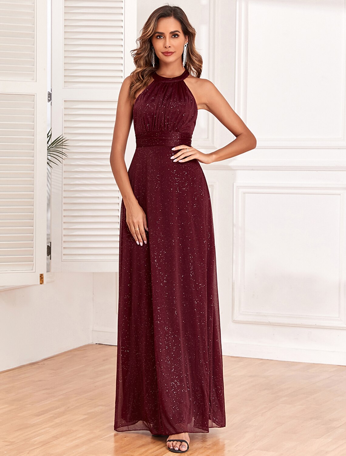 Weitese A-Line Evening Gown Elegant Dress Wedding Guest Evening Party Floor Length Sleeveless Halter Neck Polyester Backless V Back with Glitter