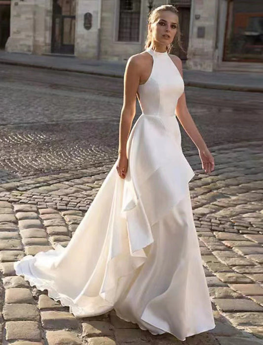 Weitese Reception Open Back Casual Wedding Dresses A-Line Halter Sleeveless Court Train Satin Bridal Gowns With Solid Color Summer Fall Wedding Party