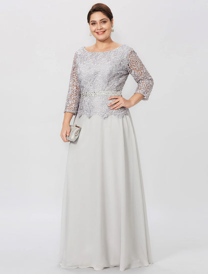 Weitese Sheath / Column Mother of the Bride Dress Formal Plus Size Elegant Jewel Neck Floor Length Chiffon Corded Lace 3/4 Length Sleeve No with Lace