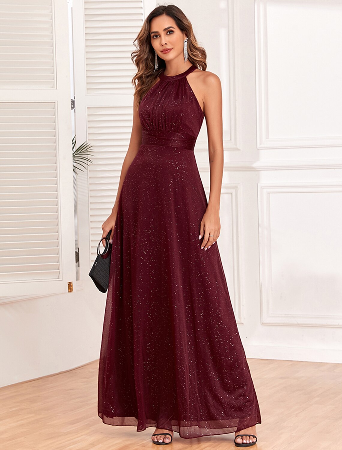 Weitese A-Line Evening Gown Elegant Dress Wedding Guest Evening Party Floor Length Sleeveless Halter Neck Polyester Backless V Back with Glitter