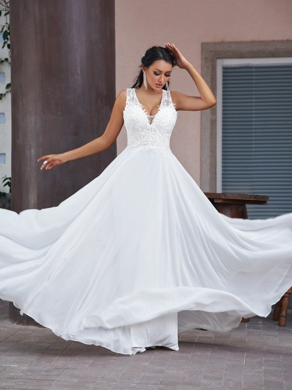 Weitese A-Line/Princess Chiffon Lace V-neck Sleeveless Floor-Length Wedding Dresses