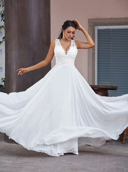 Weitese A-Line/Princess Chiffon Lace V-neck Sleeveless Floor-Length Wedding Dresses