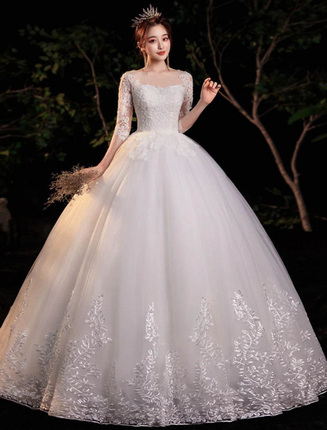 Weitese Reception Formal Wedding Dresses Ball Gown Illusion Neck Half Sleeve Floor Length Lace Bridal Gowns With Appliques