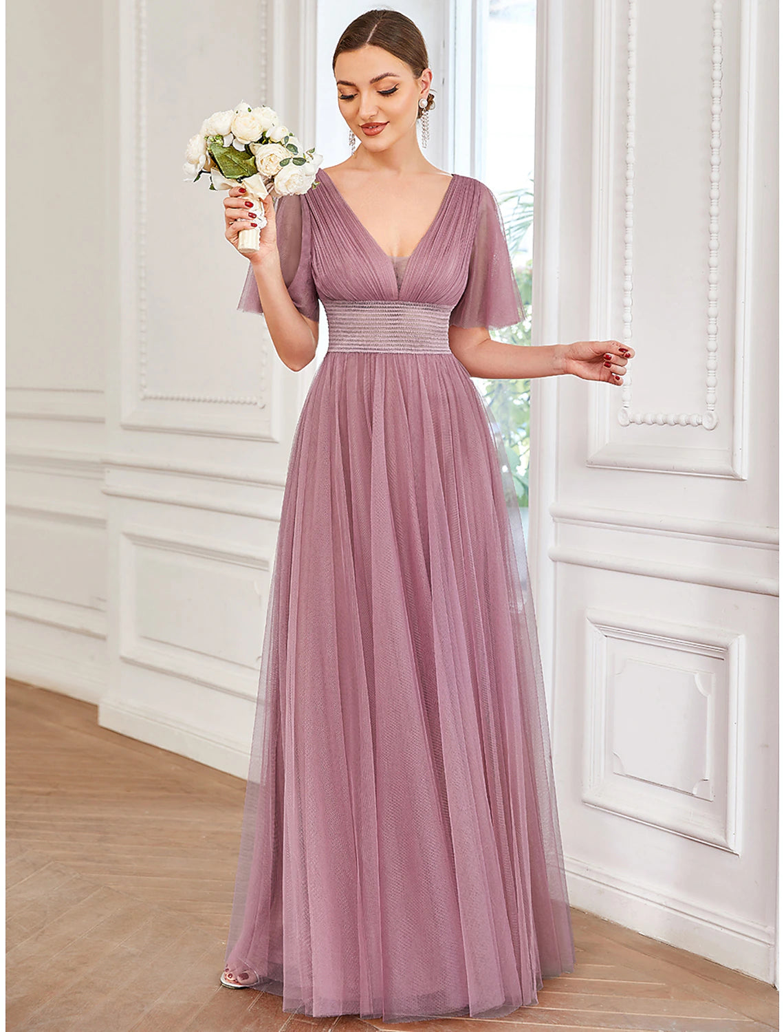 Weitese A-Line Bridesmaid Dress V Neck Short Sleeve Plus Size Floor Length Tulle with Ruffles