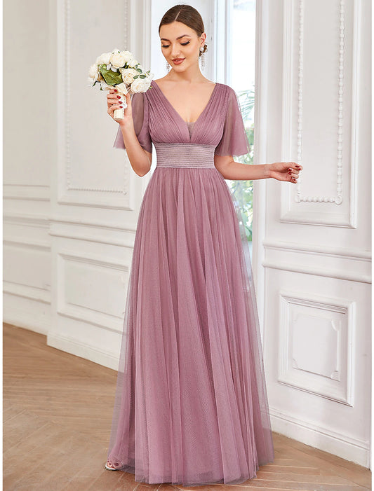 Weitese A-Line Bridesmaid Dress V Neck Short Sleeve Plus Size Floor Length Tulle with Ruffles