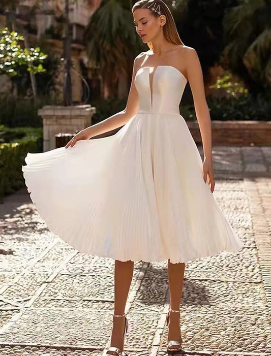 Weitese Reception Simple Wedding Dresses Wedding Dresses A-Line Off Shoulder Cap Sleeve Knee Length Tulle Bridal Gowns With Solid Color